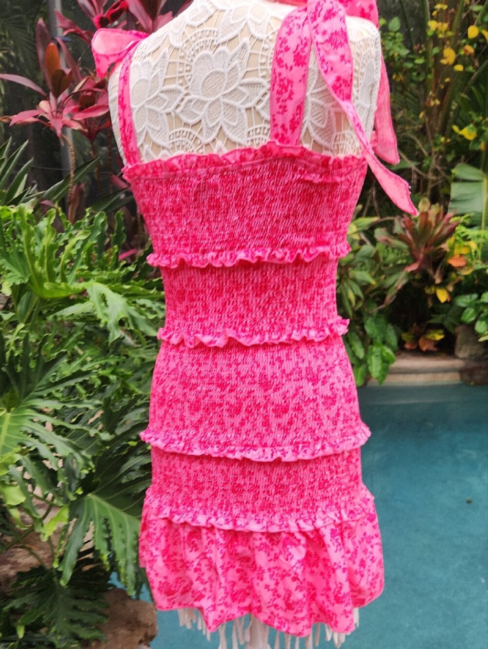 Pink Smocked Tiered Ruffle Mini Bodycon Dress with Tie Shoulder Straps - Picture 4 of 6